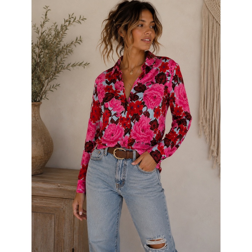 Zara Basic Floral Button Down Shirt Pink Red Peony Print Viscose Blouse XS